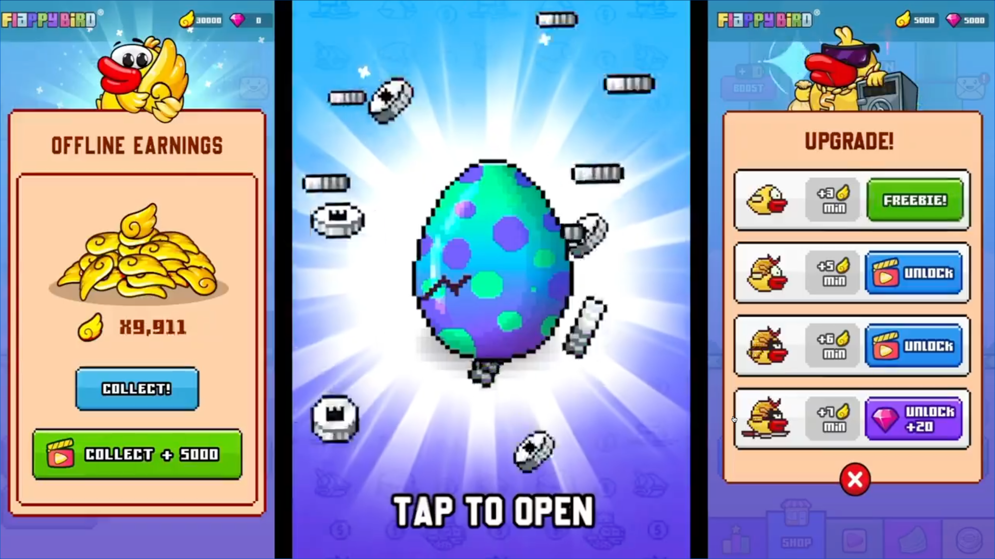 A series of pixel art game screens, showing buttons to collect “offline earnings”, a cracking egg with coins spilling from it that reads “tap to open”, and a series of microtransaction options.