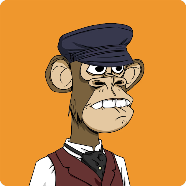 A brown Bored Ape wearing an “Irish boho” cap and dressy vest with an ascot bites its lower lip