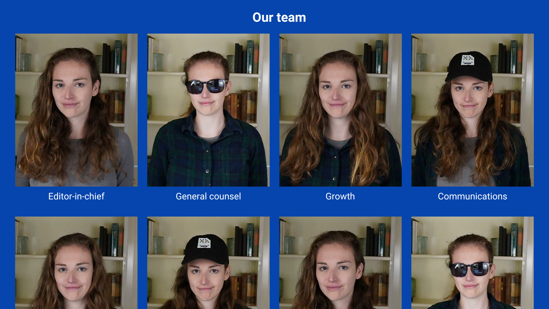 A grid of photos titled “Our team”. All of them are Molly, wearing various outfits, sunglasses, and hats.