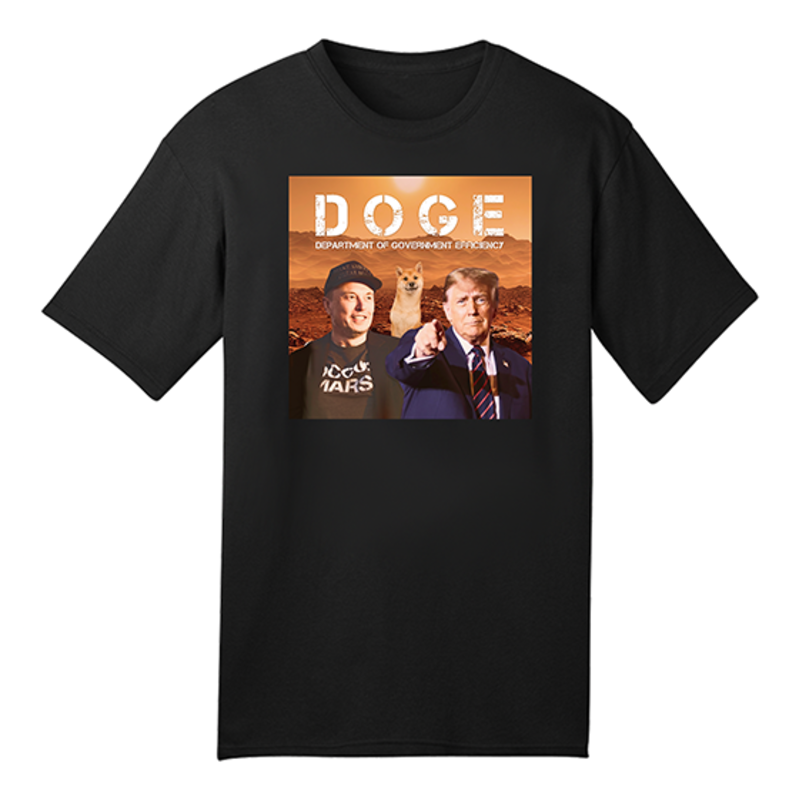 A shirt with an image of Trump pointing at the viewer, Elon Musk with a glassy expression wearing an “Occupy Mars” t-shirt, and the shiba inu Dogecoin mascot, overlaid on a backdrop of Mars. Text reads “DOGE Department of Government Efficiency”