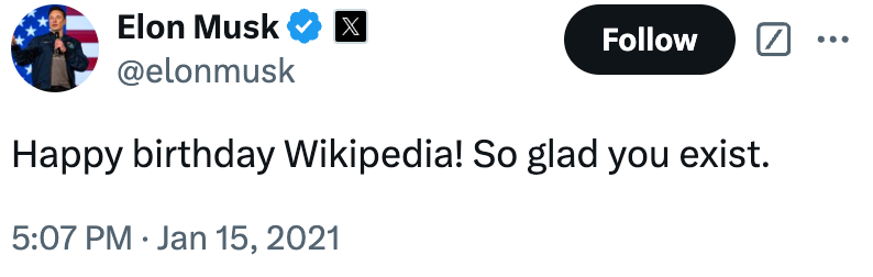 Tweet by Elon Musk on January 15, 2021: “Happy birthday Wikipedia! So glad you exist.”