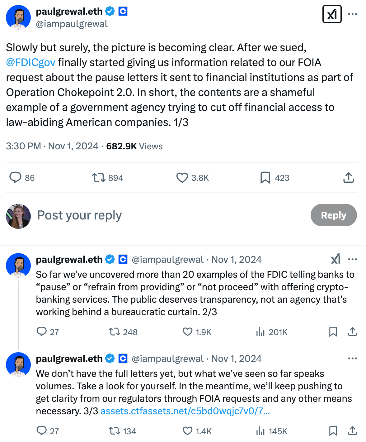 Tweets by Paul Grewal (@iampaulgrewal) on Nov 1, 2024 Slowly but surely, the picture is becoming clear. After we sued, @FDICGov finally started giving us information related to our FOIA request about the pause letters it sent to financial institutions as part of Operation Chokepoint 2.0. In short, the contents are a shameful example of a government agency trying to cut off financial access to law-abiding American companies. 1/3  So far we've uncovered more than 20 examples of the FDIC telling banks to “pause” or “refrain from providing” or “not proceed” with offering crypto-banking services. The public deserves transparency, not an agency that’s working behind a bureaucratic curtain. 2/3  We don’t have the full letters yet, but what we’ve seen so far speaks volumes. Take a look for yourself. In the meantime, we’ll keep pushing to get clarity from our regulators through FOIA requests and any other means necessary. 3/3 https://assets.ctfassets.net/c5bd0wqjc7v0/7nBWws5LwK6pwHTPcRO76u/7f7f0f78ae404e951c389d28f578a19f/-25-2-_Exhibit_B_-_Vaughn_Index.pdf