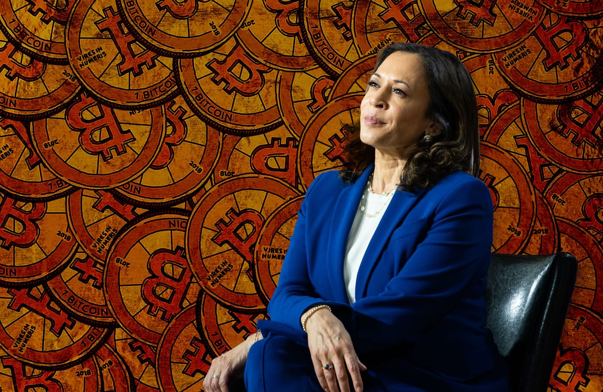 Kamala Harris in a blue suit sits on a chair looking into the distance, in front of a cartoon Bitcoin background