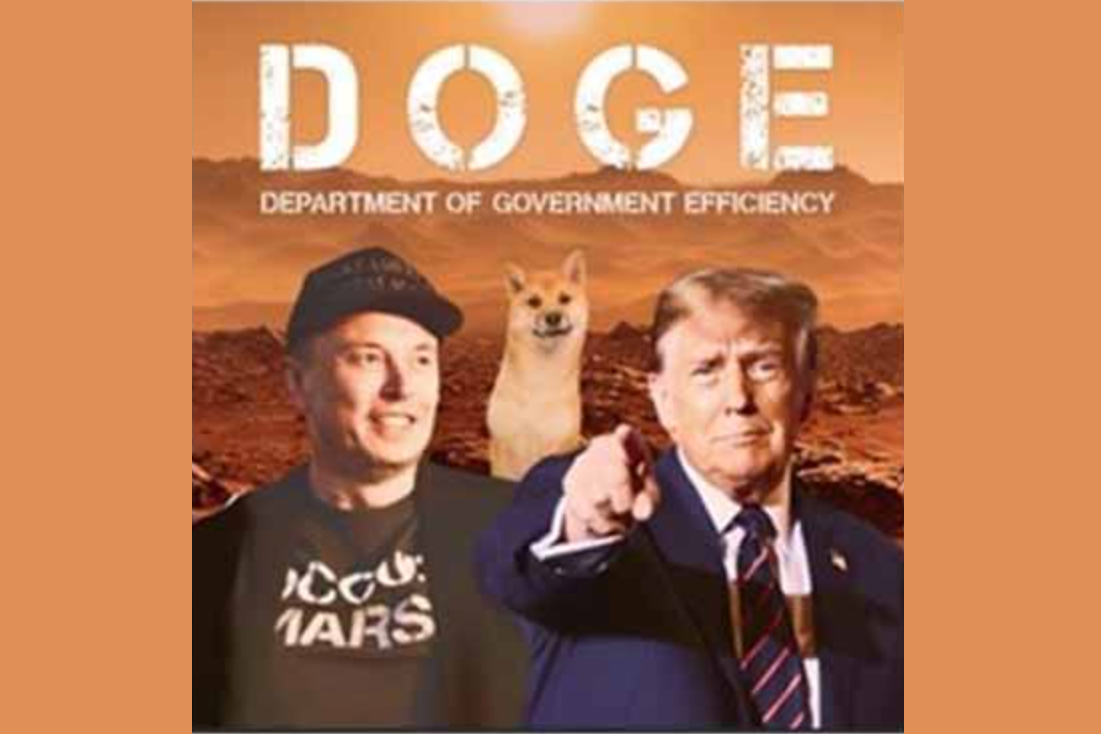 A “Department of Government Efficiency” image featuring Donald Trump, Elon Musk, and the dogecoin mascot