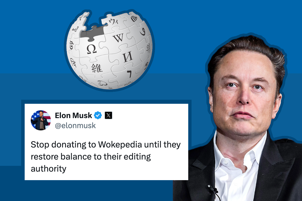 A photo of Musk, the Wikipedia logo, and a tweet from Musk urging people not to donate to “Wokepedia”