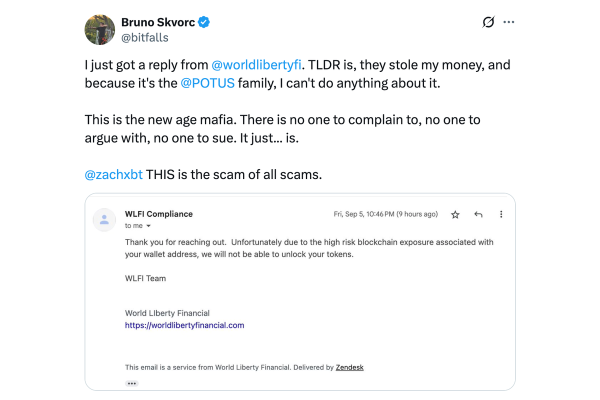 Tweet by Bruno Skvorc: I just got a reply from @worldlibertyfi . TLDR is, they stole my money, and because it's the @POTUS family, I can't do anything about it...