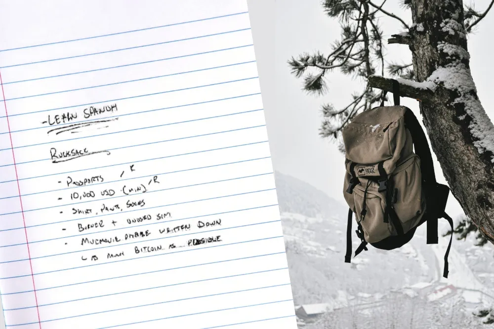 A sheet of lined paper with a “bug out” list, and a photo of a rucksack hanging from a tree branch