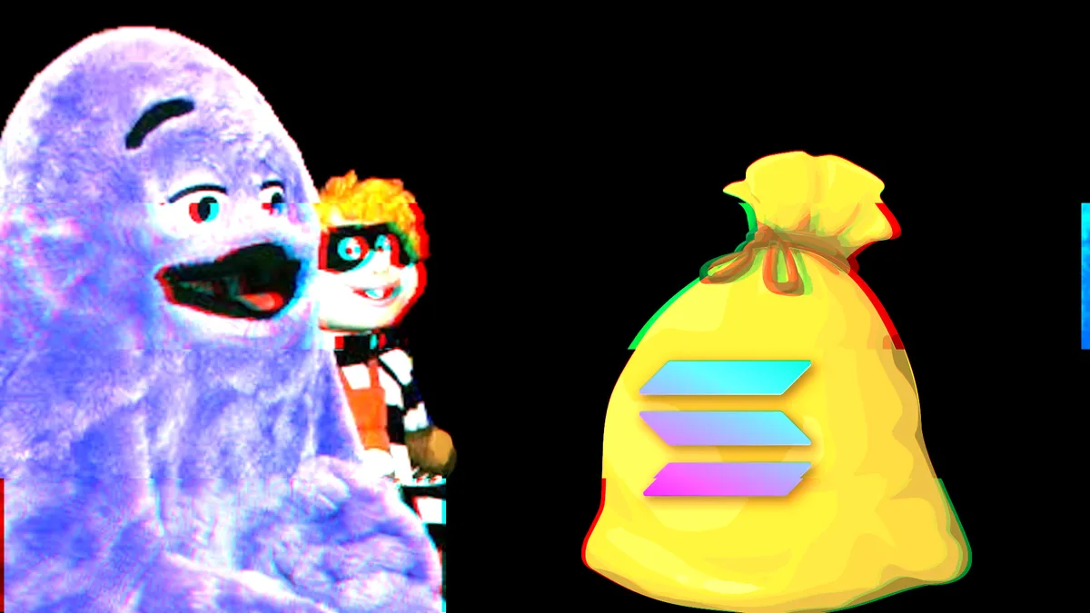 A glitchy image of Grimace and the Hamburglar looking at a money bag with the Solana logo