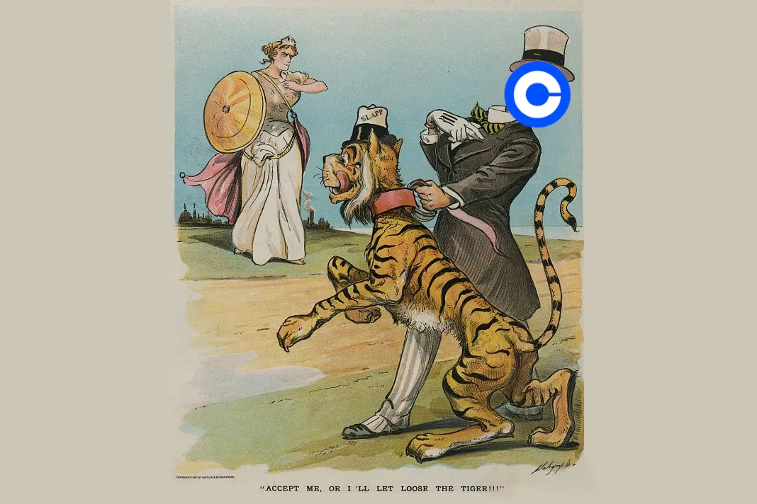 An illustration of a man with the Coinbase logo for a head, holding an eager tiger looking to attack a woman with a shield