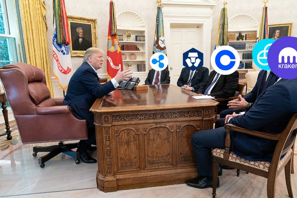 A photo of Donald Trump sitting at the Oval Office desk, surrounded by five people each with crypto company logos as heads