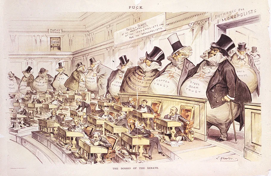 Puck political cartoon, “The bosses of the Senate”, depicting large industrialists looming over Senators