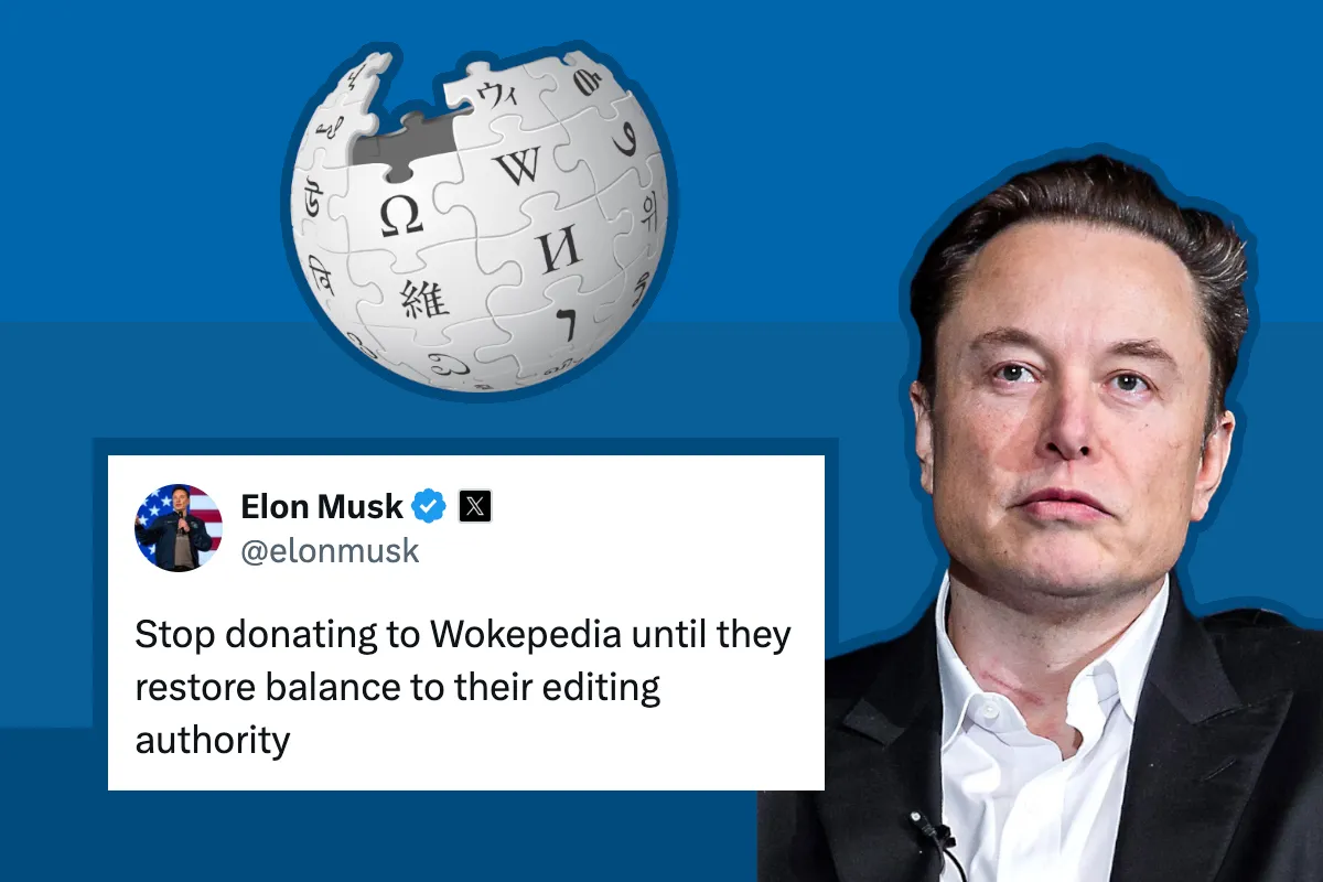 A photo of Musk, the Wikipedia logo, and a tweet from Musk urging people not to donate to “Wokepedia”