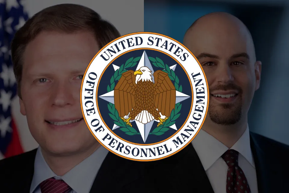 Photos of James Sherk and Noah Peters, behind the seal of the Office of Personnel Management