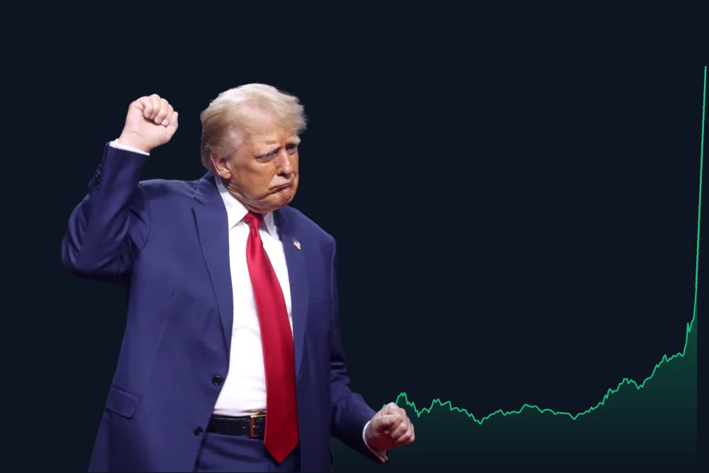 Photo of Trump dancing with his fists in the air, overlaid over the $TRUMP token price edited to appear as though it skyrocketed