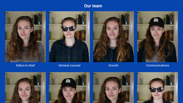 A grid of photos titled “Our team”. All of them are Molly, wearing various outfits, sunglasses, and hats.