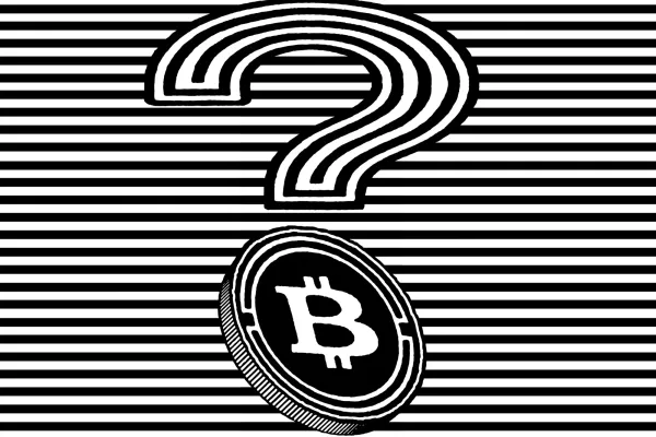 A question mark formed from black and white stripes, with a bitcoin logo as the dot