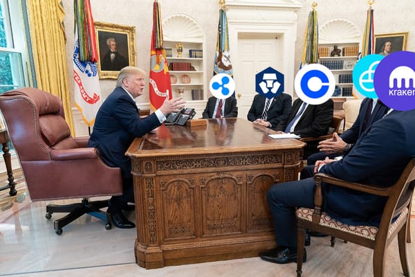 A photo of Donald Trump sitting at the Oval Office desk, surrounded by five people each with crypto company logos as heads