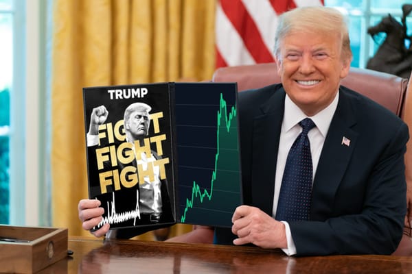 Trump poses with a signed executive order, which has been photoshopped to show the TRUMP memecoin branding and price chart