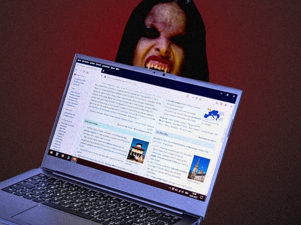 A digital collage depicting a vampire biting onto a laptop displaying the Wikipedia homepage